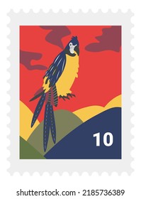 Marcado postal para sobres, dibujo de loro en marca postal, paisaje y ave exótica. Animal aviar con plumas y plumaje coloridos. Montañas y pájaros tropicales, colección. Vector de estilo plano