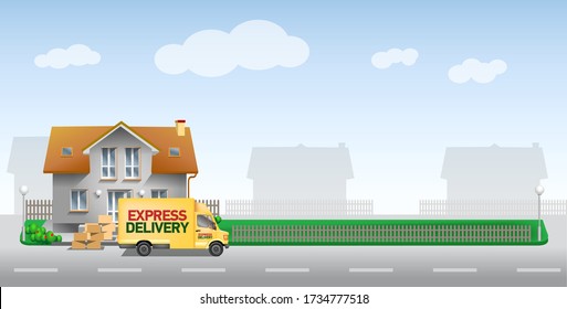 Postal office building and express delivery car against the blue sky, road and green lawn. Yellow service Truck template