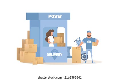 Postal office. Delivery point for parcels. Cartoon style. Isolated. Illustration in vector format.