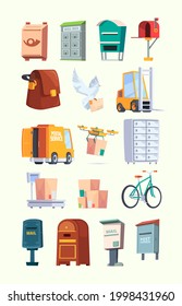 Postal office items. Mail service car letters postal box delivery packages garish vector flat illustrations