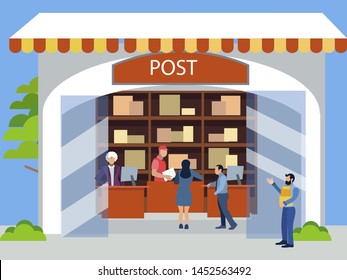 Postal office. Receiving postal parcels, shipments. In minimalist style. Cartoon flat vector Illustration