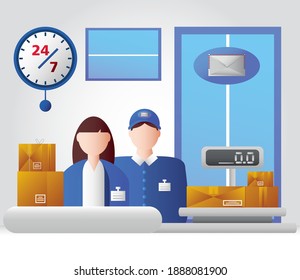 postal office service employees with weight scale packages mail envelope vector illustration