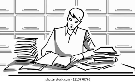 
Postal or office worker, young man sitting at a table with a bunch of papers. Black and white vector sketch. Simple drawing.