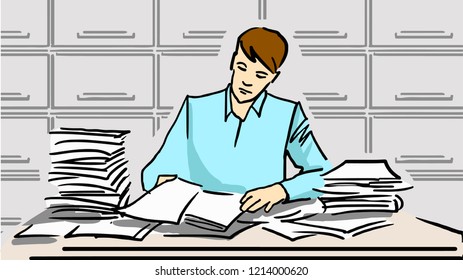 
Postal Or Office Worker, Young Man Sitting At A Table With A Bunch Of Papers In The Mailroom. Vector Sketch In Pastel Colors. 