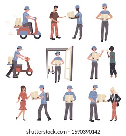 Postal office workers and clients characters set. Parcels express delivery service flat vector illustrations pack. Young people receiving packages. Couriers delivering orders to customers
