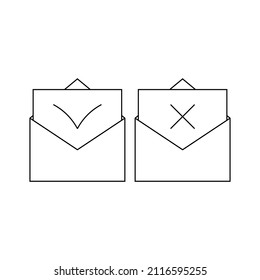 Postal open envelopes with a letter inside with a check mark and a cross. Vector editable outline icons. 