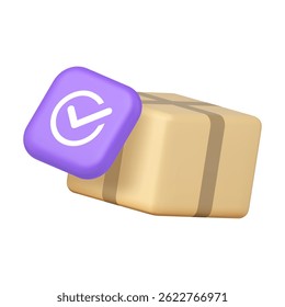 Postal parcel cargo delivery success complete checkmark done 3d icon realistic vector illustration. Online shopping freight cardboard box courier shipping transportation checking report badge