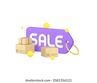 Postal parcel delivery courier service warehouse sale discount 3d icon realistic vector illustration. Commercial cargo shipment transportation business retail freight special offer price off clearance