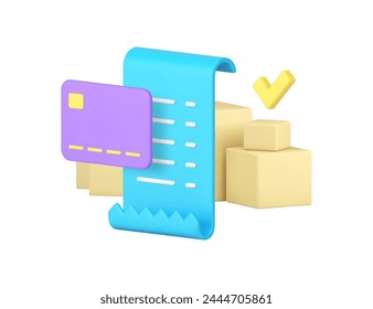 Postpaketzustellung Service Zahlung mit Kreditkarte Beleg 3D-Symbol realistische Vektorillustration. Kurierversand Karton Stapel Frachtcontainer Bewegung Versand Finanztransaktion