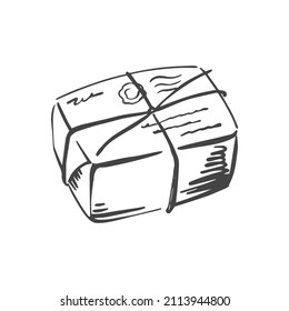  Postal parcel with stamp sketch. Mail box delivery. Vector hand-drawn illustration.