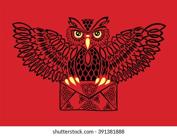 Postal patterned owl Celtic ornaments with envelope in its claws