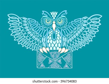 Postal patterned owl Celtic ornaments with envelope in its claws