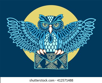 Postal patterned owl Celtic ornaments with envelope in its claws