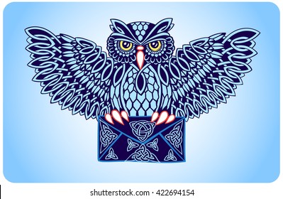 Postal patterned owl Celtic ornaments with envelope in its claws
