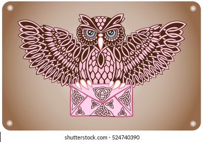 Postal patterned owl Celtic ornaments with envelope in its claws
