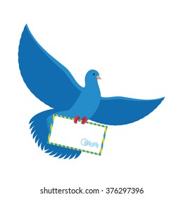 Postal pigeon. Blue Dove with envelope. Bird postman carries paper letter in its paws. 