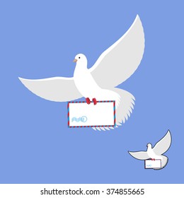Postal pigeon and mailing envelope. White Dove carries and mail. Flying bird in its message.
