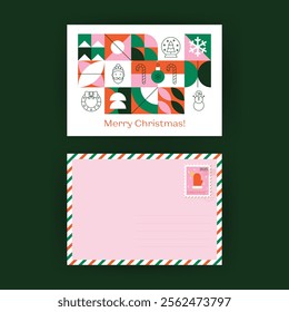 Postal Postcard Merry Christmas. Vector Illustration of Outline and Flat Style. Winter Holiday. Happy New Year. Postage Stamp.