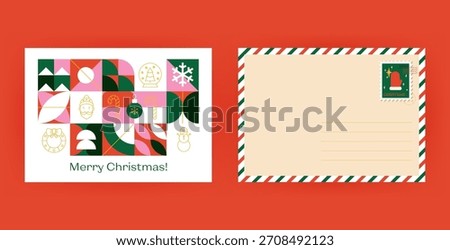 Postal Postcard Merry Christmas. Vector Illustration of Geometrical Winter Holiday. Happy New Year. Postage Letter with Stamp.