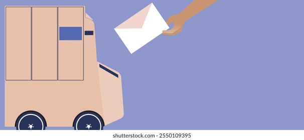 Postal robot car delivery men hand with mail as people fast lugistic concept, flat vector stock copy space illustration or template