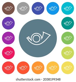 Postal round horn outline flat white icons on round color backgrounds. 17 background color variations are included.