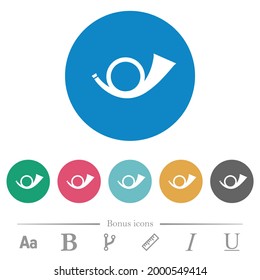 Postal round horn solid flat white icons on round color backgrounds. 6 bonus icons included.