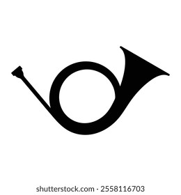 Postal round horn vector icon. French hunting horn, mail signal, and musical instrument symbol. Black silhouette isolated on white background.