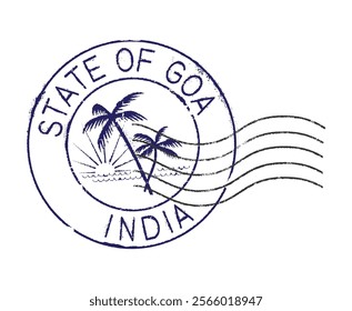 A postal rubber stamp with the inscription 'State of Goa, India' and a beach in the middle. Retro seals for letter envelopes, greeting cards, passports, parcels.