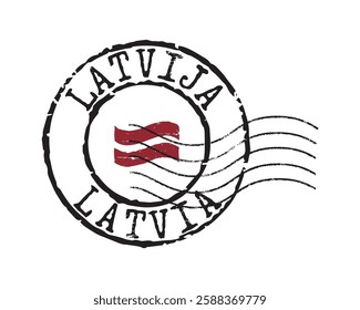 A postal rubber stamp LATVIA with the national flag in the middle. Latvian and English inscription. Retro seal for letter envelopes, greeting cards, passports, parcels.