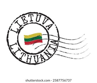 A postal rubber stamp LITHUANIA with the national flag in the middle. Lithuanian and English inscription. Retro seal for letter envelopes, greeting cards, passports, parcels.