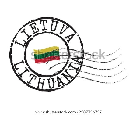 A postal rubber stamp LITHUANIA with the national flag in the middle. Lithuanian and English inscription. Retro seal for letter envelopes, greeting cards, passports, parcels.