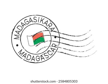 A postal rubber stamp MADAGASCAR with the state flag in the middle. Malagasy and English inscription. Retro seal for letter envelopes, greeting cards, passport, parcels.