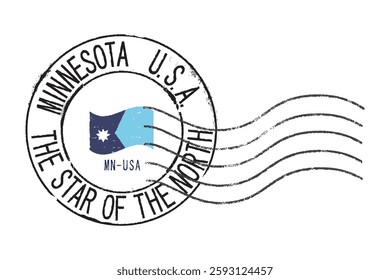 A postal rubber stamp MINNESOTA U.S.A. with the state flag in the middle. Retro seal for letter envelopes, greeting cards, passport, parcels.