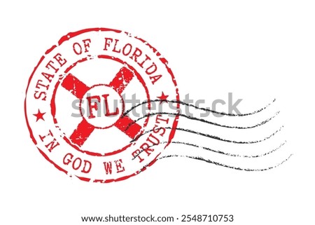 A postal rubber stamp with two inscriptions STATE OF FLORIDA and IN GOD WE TRUST, with the flag of Florida in the middle of the stamp and FL zip code. 