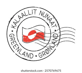 A postal rubber stamp with the word GREENLAND and the national FLAG in the middle. Including Greenlandic, English and Danish quotes. Retro seal for letter envelopes, greeting cards, passports, parcel.