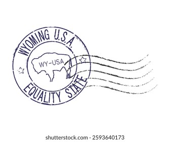 A postal rubber stamp WYOMING U.S.A. with the state symbol in the middle. Retro seal for letter envelopes, greeting cards, passport, parcels.