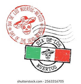 Postal rubber stamps DAY OF THE DEAD, MEXICO. English and Spanish inscription. Retro seals for letter envelopes, greeting cards, passport, parcels