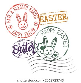 Postal rubber stamps HAPPY EASTER. Retro seals for letter envelopes, greeting cards, passport, parcels. 