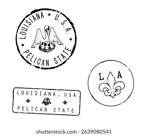Postal rubber stamps LOUISIANA, PELICAN STATE, USA and LA zip code abbreviation. Retro seals for letter envelopes, greeting cards, passports, parcels.