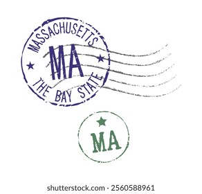 Postal rubber stamps MASSACHUSETTS and MA zip code abbreviation. Retro seals for letter envelopes, greeting cards, passports, parcels.