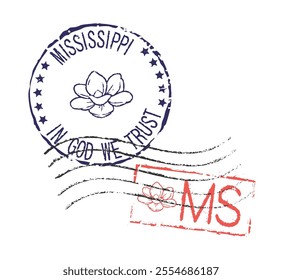 Postal rubber stamps MISSISSIPPI and MS zip code abbreviation, along with the state symbol. Retro seals for letter envelopes, greeting cards, passports, parcels.