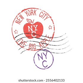 Postal rubber stamps NEW YORK CITY THE BIG APPLE and NYC abbreviation. Retro seals for letter envelopes, greeting cards, passports, parcels.