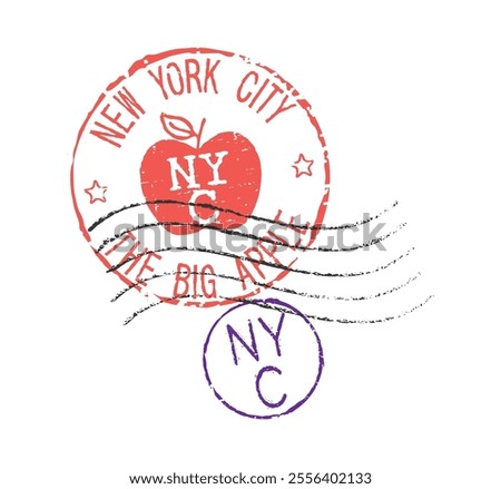 Postal rubber stamps NEW YORK CITY THE BIG APPLE and NYC abbreviation. Retro seals for letter envelopes, greeting cards, passports, parcels.
