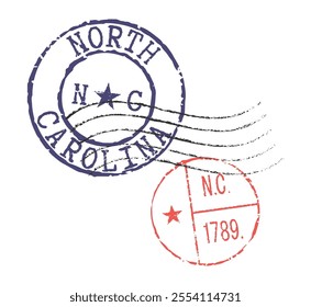 Postal rubber stamps NORTH CAROLINA and NC zip code abbreviation, along with the state symbol. Retro seals for letter envelopes, greeting cards, passports, parcels.