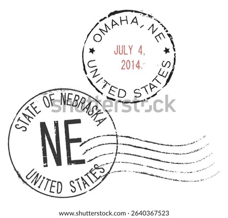 Postal rubber stamps with OMAHA, STATE OF NEBRASKA, US, along with the ZIP code, state abbreviation NE, and date. Retro-style seals for letter envelopes, greeting cards, passports, and parcels.
