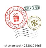 Postal rubber stamps Santa Claus North Pole Merry Christmas. Retro seals for letter envelopes, greeting cards, passport, parcels. 