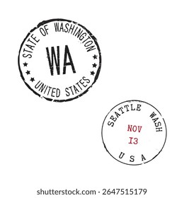Carimbos postais com SEATTLE, ESTADO DE WASHINGTON, EUA, juntamente com o CEP, abreviação do estado WA, e data. Selos em estilo retroativo para envelopes de carta, cartões de saudação, passaportes e pacotes.
