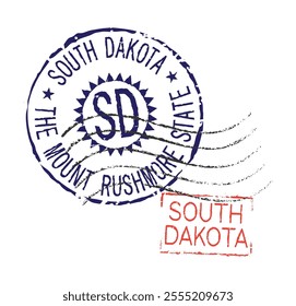 Postal rubber stamps SOUTH DAKOTA and SD zip code abbreviation, along with the state symbol. Retro seals for letter envelopes, greeting cards, passports, parcels.