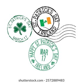 Postal rubber stamps ST. PATRICKS DAY MARCH 17 IRELAND. Retro seals for letter envelopes, greeting cards, passport, parcels.