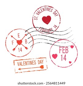 Postal rubber stamps ST. VALENTINES DAY, FEBRUARY 14. Retro seals for letter envelopes, greeting cards, passport, parcels. 